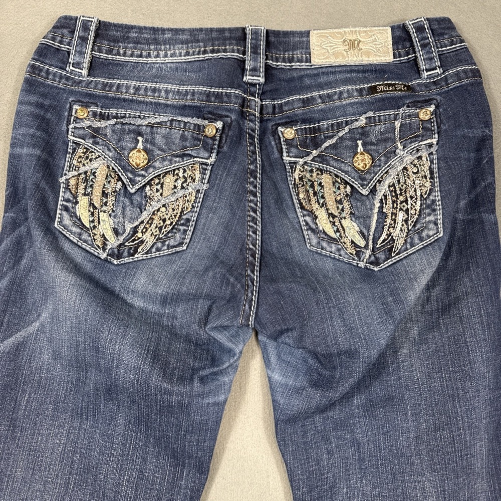 Miss Me WOMEN 29x30 MidRise Easy Straight Jeans Dark Wash Sequin Angel Wings